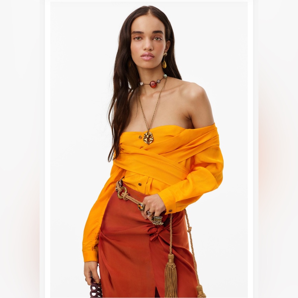 Zara limited edition orange crop, off the shoulder tie detail shirt, Size L, New